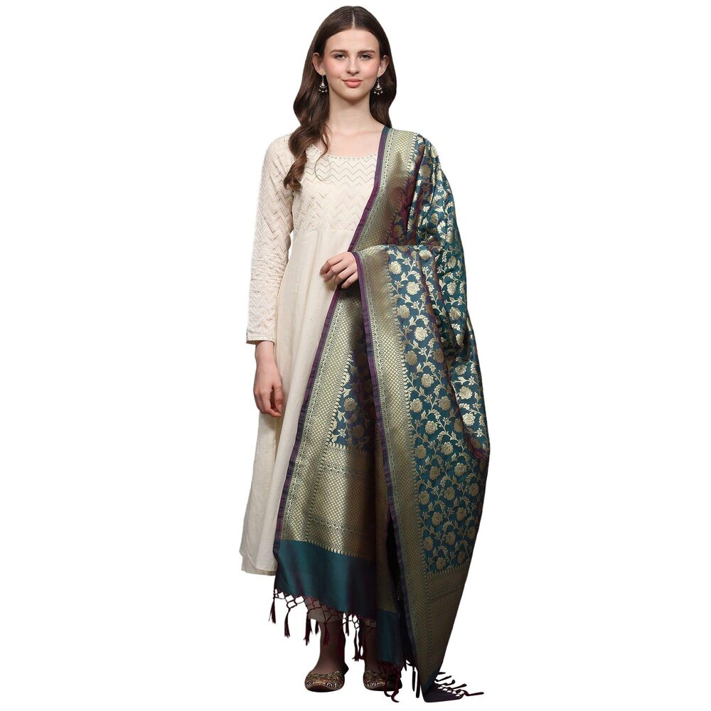 6689 Women's Art Silk Dupatta With All Over Floral Vines And Fringes Silver